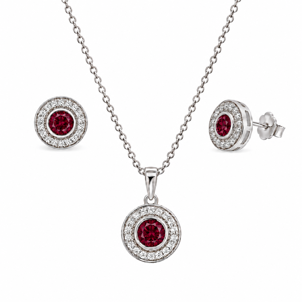 Rhodium Plated 925 Sterling Silver Halo CZ Birthstone Earring & Pendant Sets - BGS00481