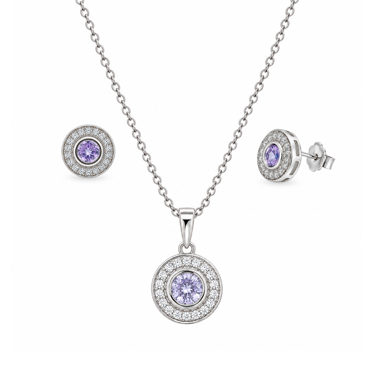 Rhodium Plated 925 Sterling Silver Halo CZ Birthstone Earring & Pendant Sets - BGS00481