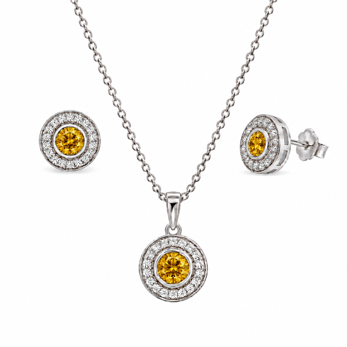 Rhodium Plated 925 Sterling Silver Halo CZ Birthstone Earring & Pendant Sets - BGS00481