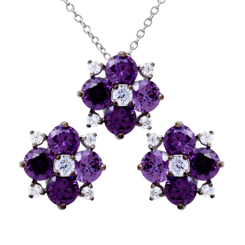 Conjunto de rodio y plata de ley 925 con circonitas cúbicas y flor de piedra de nacimiento - BGS00507