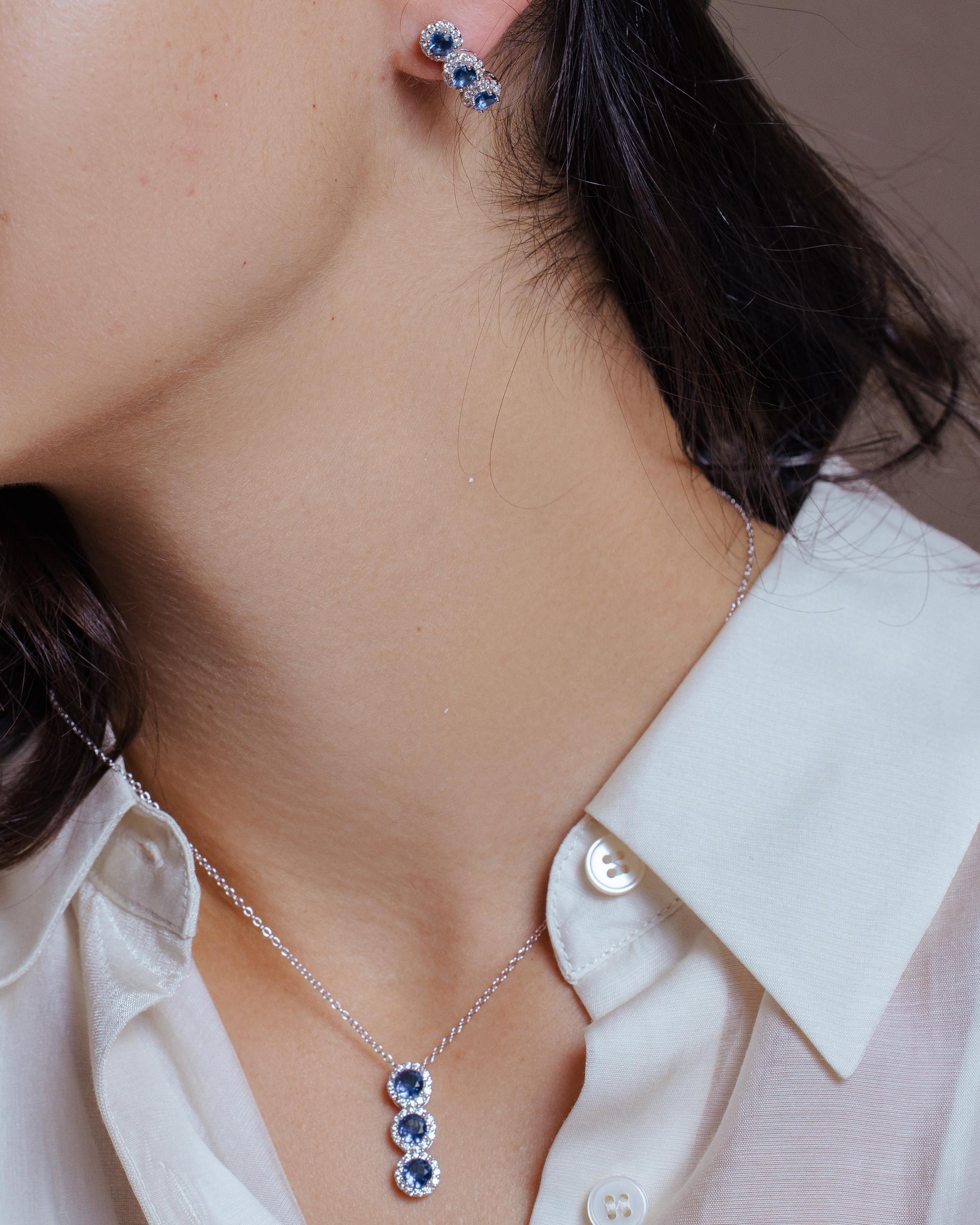 Rhodium Plated 925 Sterling Silver 3 Blue Stone CZ Stud Earring and Necklace Set - BGS00522BLU