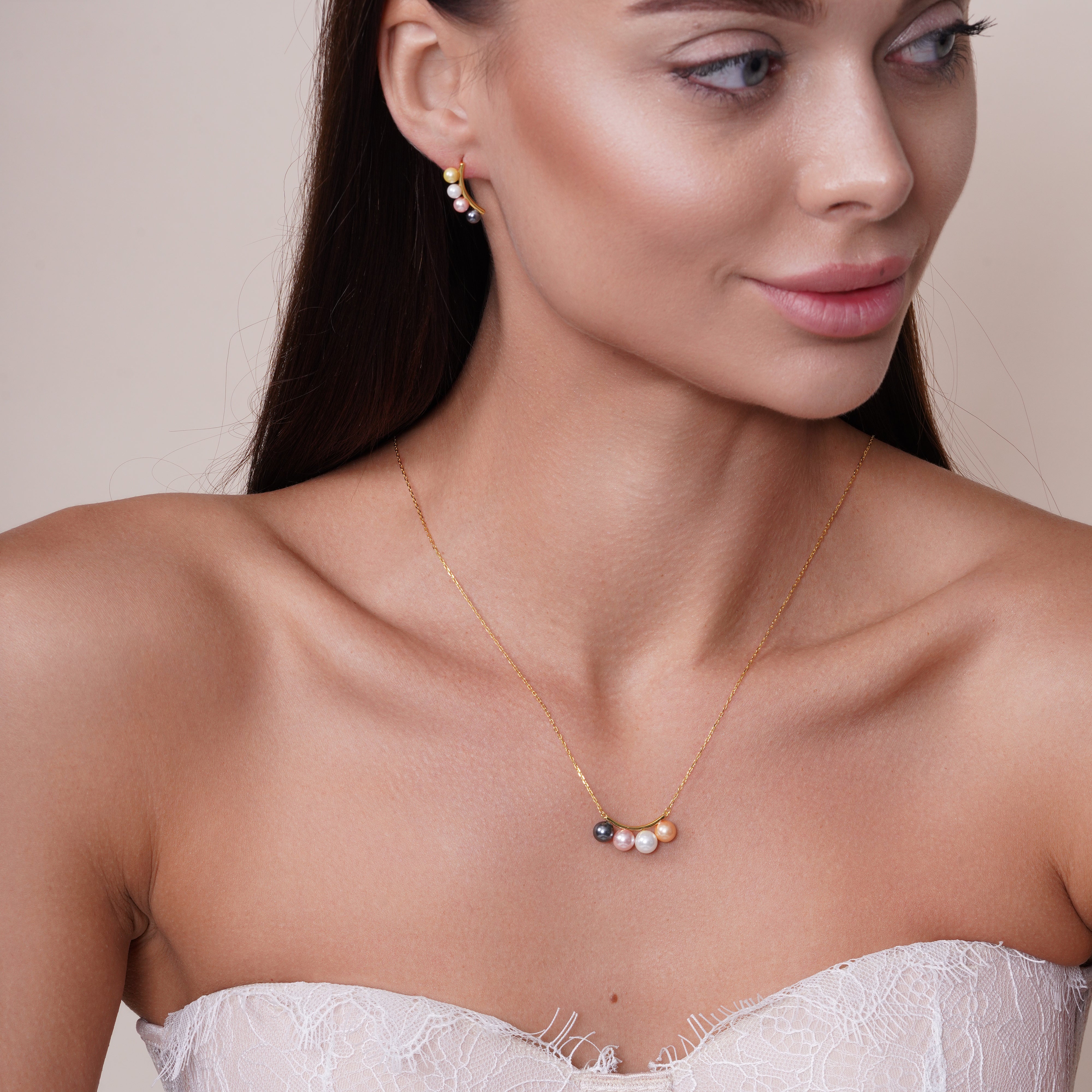 Gold Plated 925 Sterling Silver 4 Multi Colored Synthetic Pearl Designed Set - BGS00527