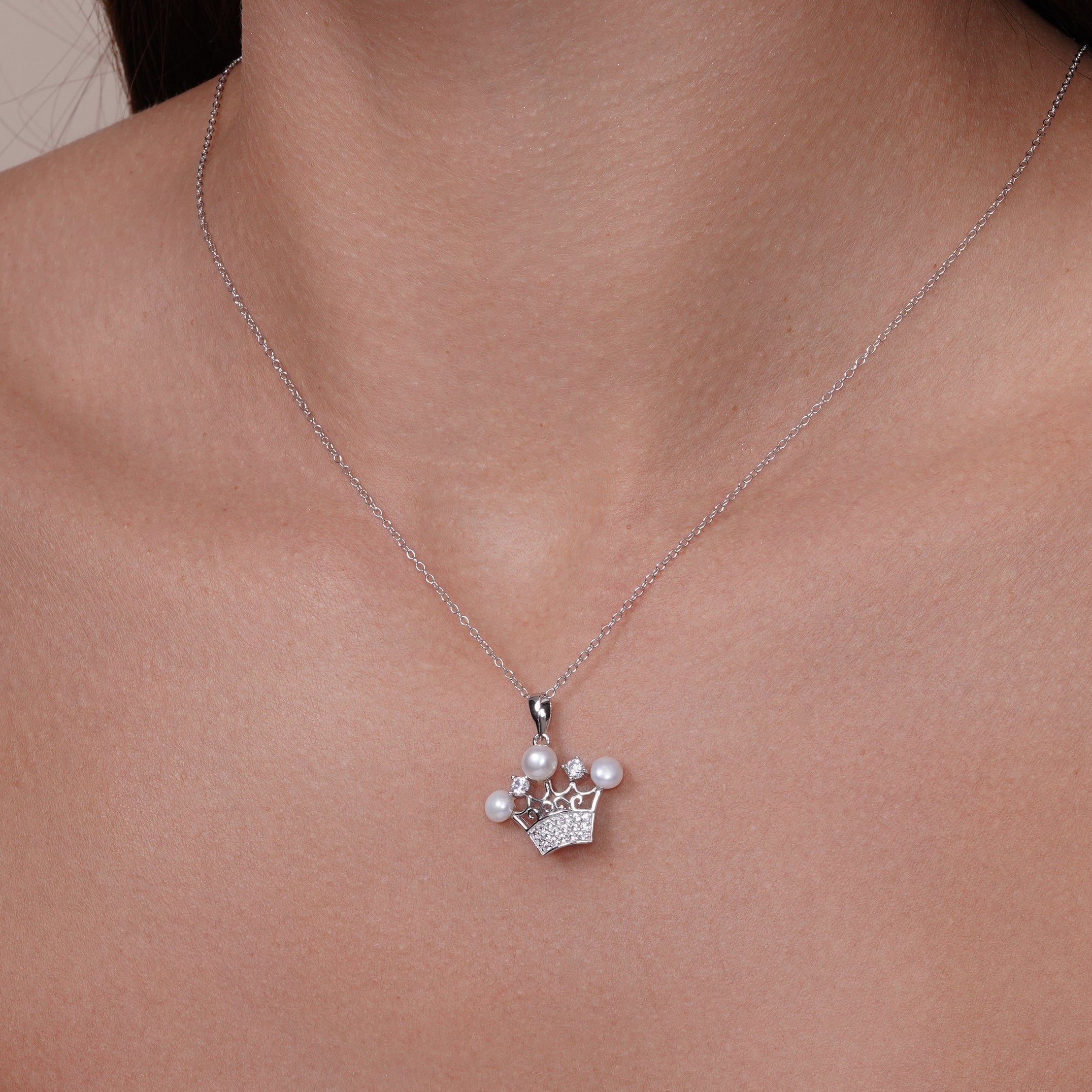 Rhodium Plated 925 Sterling Silver CZ Crown Pendant and Earrings Set with Synthetic Pearls - BGS00540