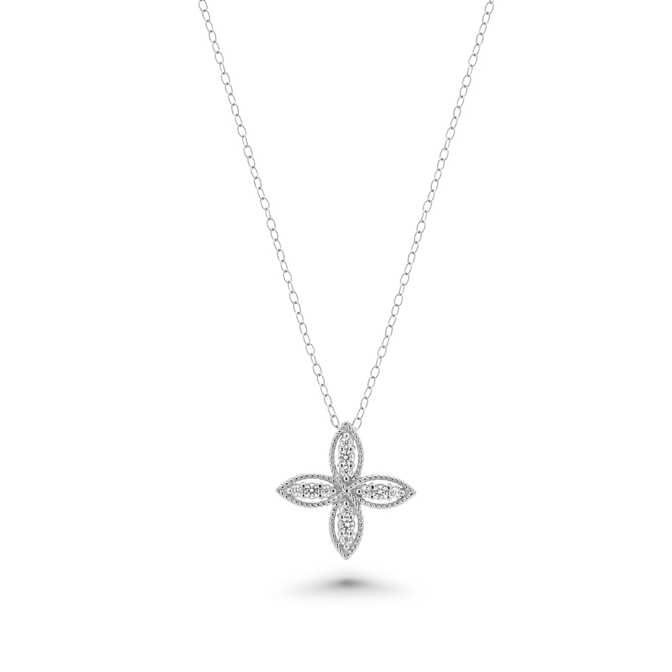 Rhodium Plated 925 Sterling Silver Four Petal Flower Necklace and Earrings Set - BGS00550