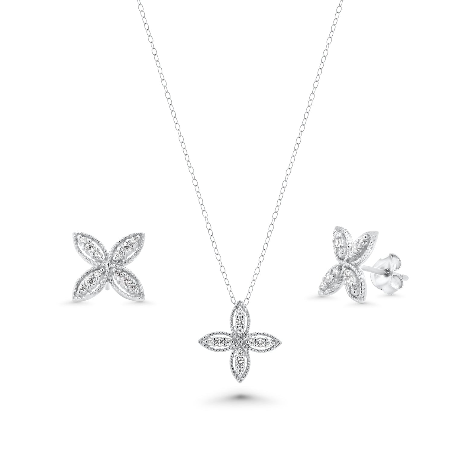 Rhodium Plated 925 Sterling Silver Four Petal Flower Necklace and Earrings Set - BGS00550