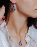 Rhodium Plated 925 Sterling Silver Dangling Pear-Shaped Necklace and Earrings Set with Blue CZ - BGS00570BLU