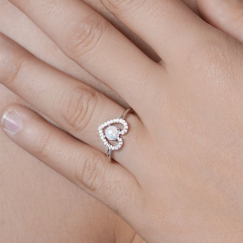 Rhodium Plated 925 Sterling Silver Heart Synthetic Opal Center CZ Ring - BGR01256