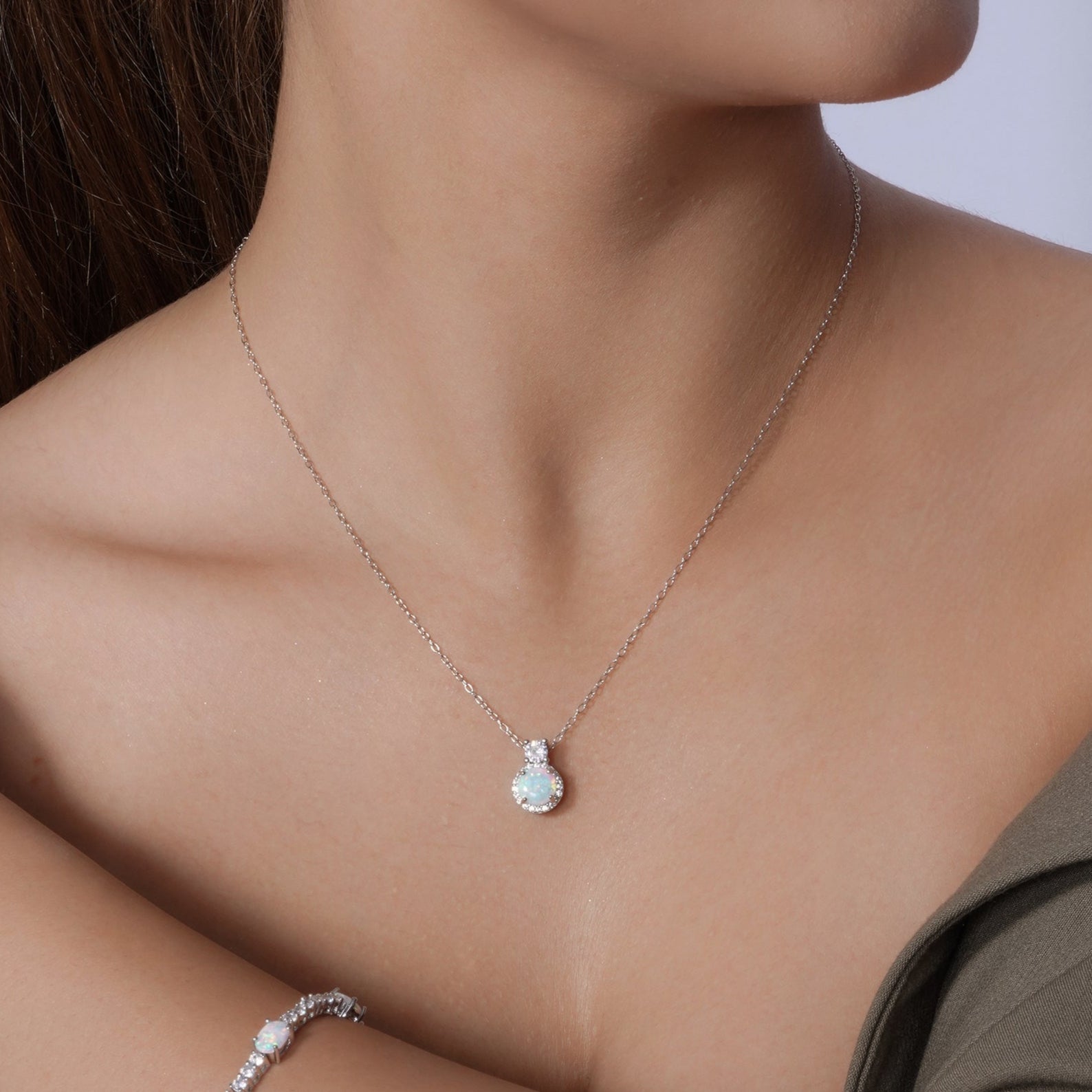Rhodium Plated 925 Sterling Silver Round Synthetic Opal Halo Set with CZ - BGS00596