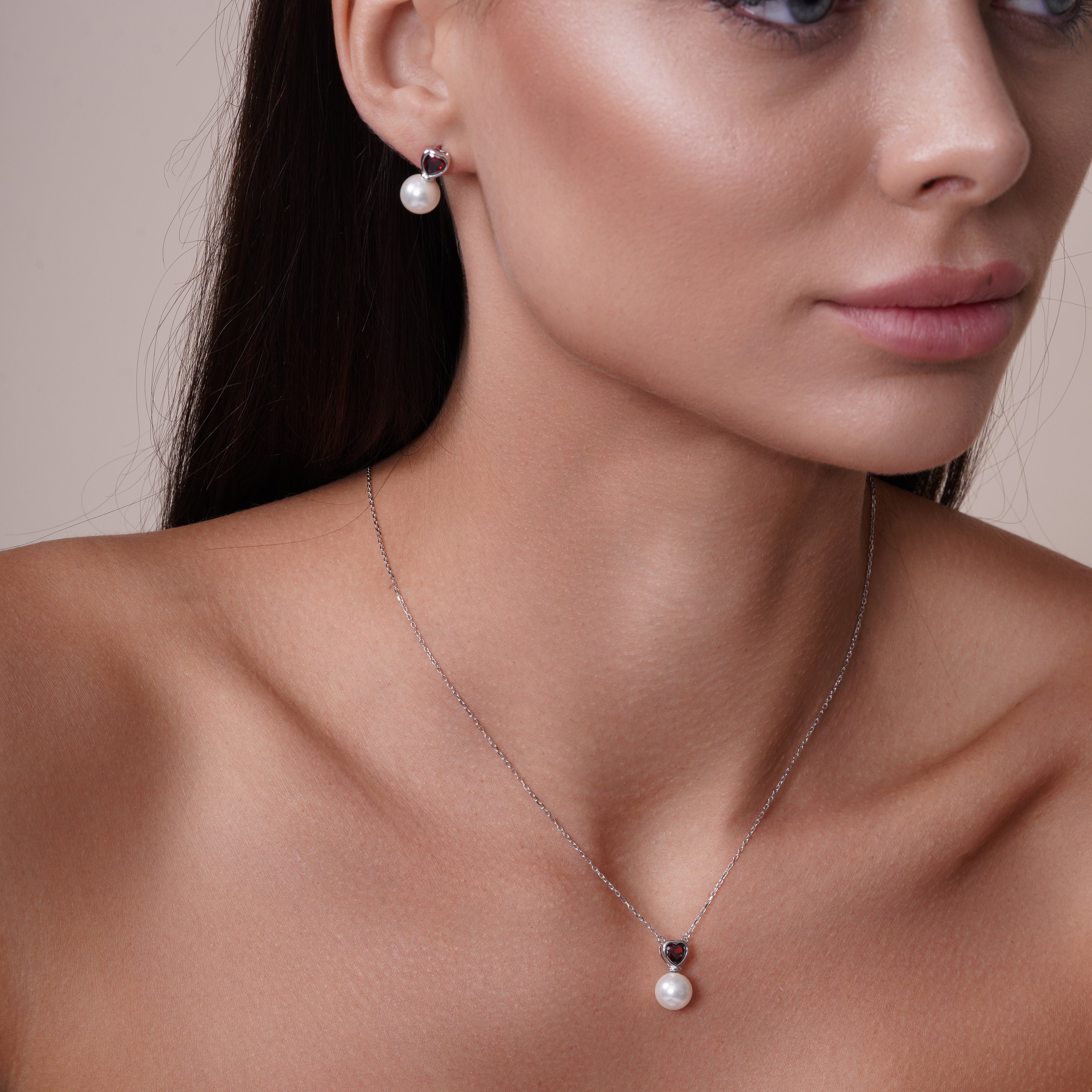 Rhodium Plated 925 Sterling Silver Red CZ Heart Dangling Pearl Set - BGS00613