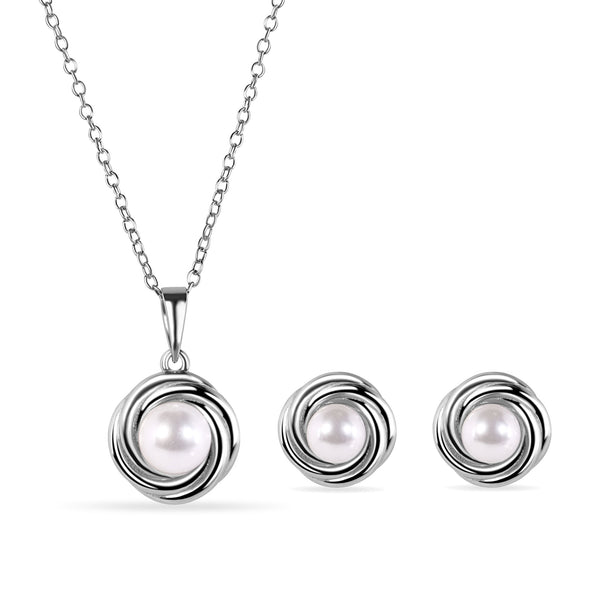 Rhodium Plated 925 Sterling Silver Round Swirl Design Syntethic Mother of Pearl Necklace and Stud Earring Matching Set  - BGS00628