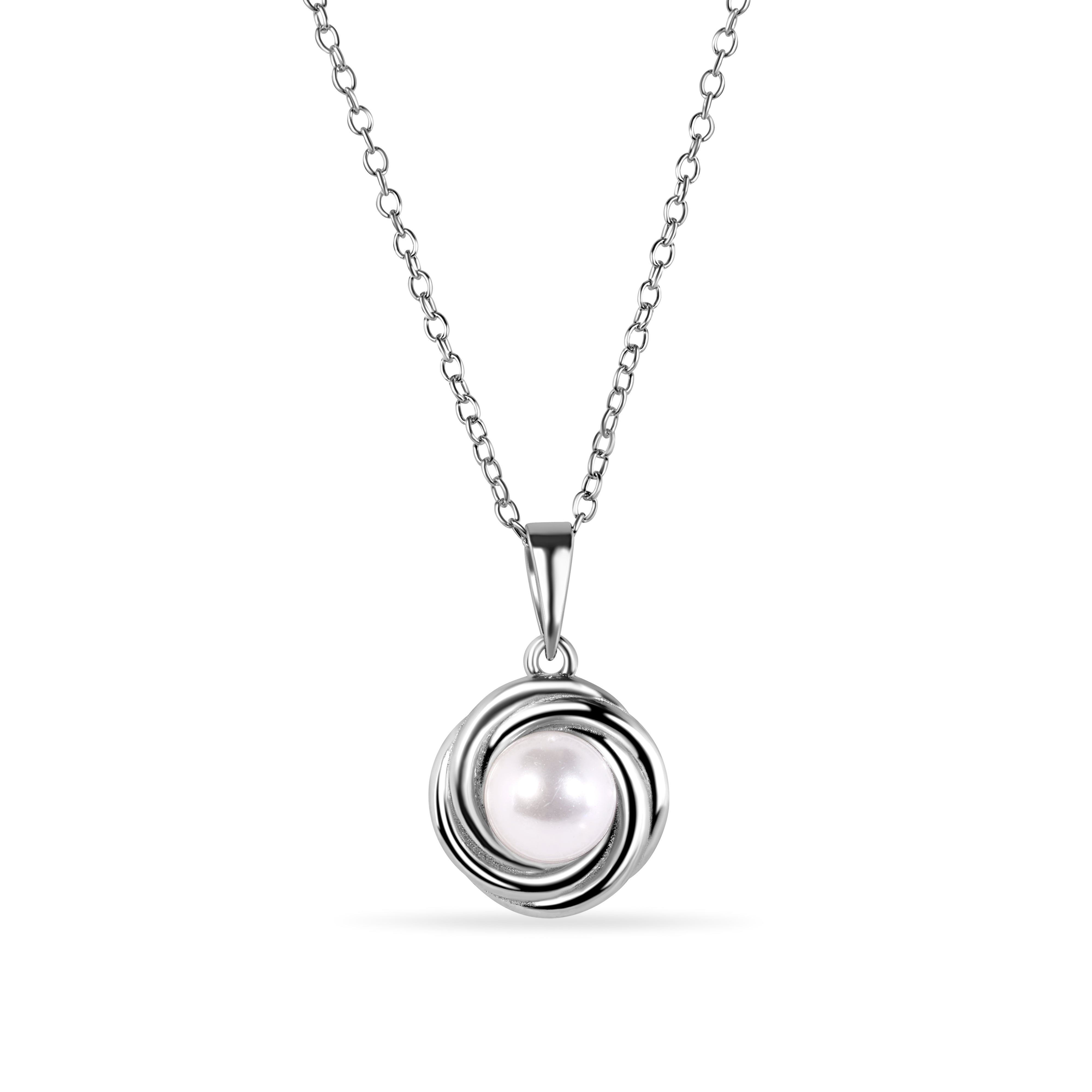 Rhodium Plated 925 Sterling Silver Round Swirl Design Syntethic Mother of Pearl Necklace and Stud Earring Matching Set - BGS00628