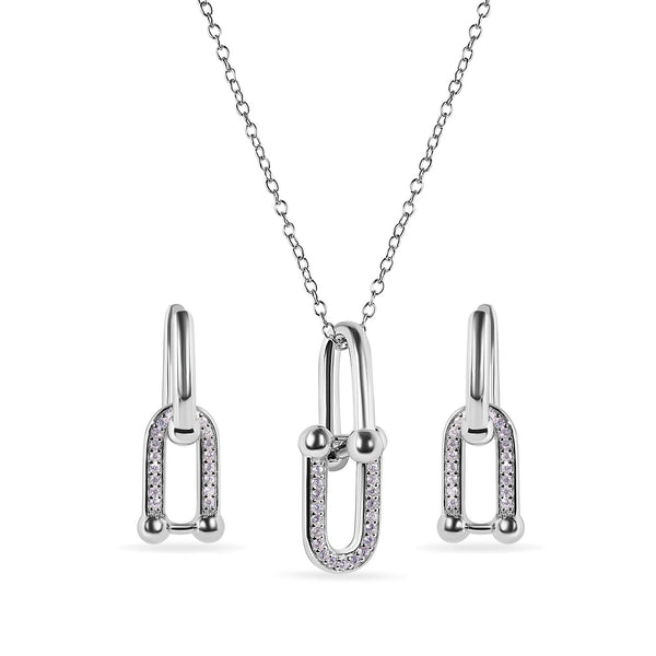 Rhodium Plated 925 Sterling Silver Round Bow Paperclip Clear CZ Necklace and Hoop Earring Matching Set  - BGS00629