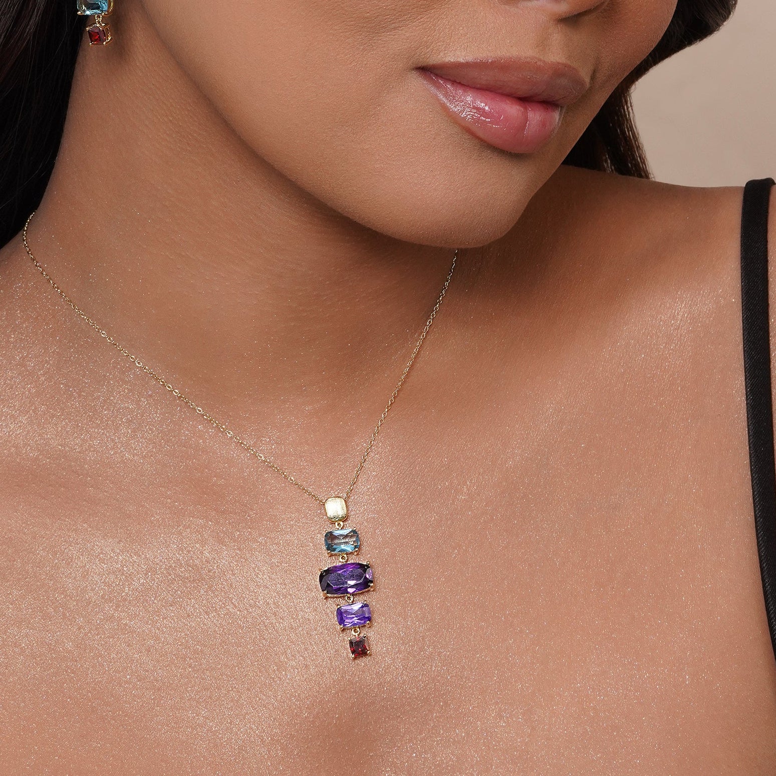 Gold Plated 925 Sterling Silver Dangling Multi Color Baguette Cut CZ Necklace and Stud Earring - BGS00631