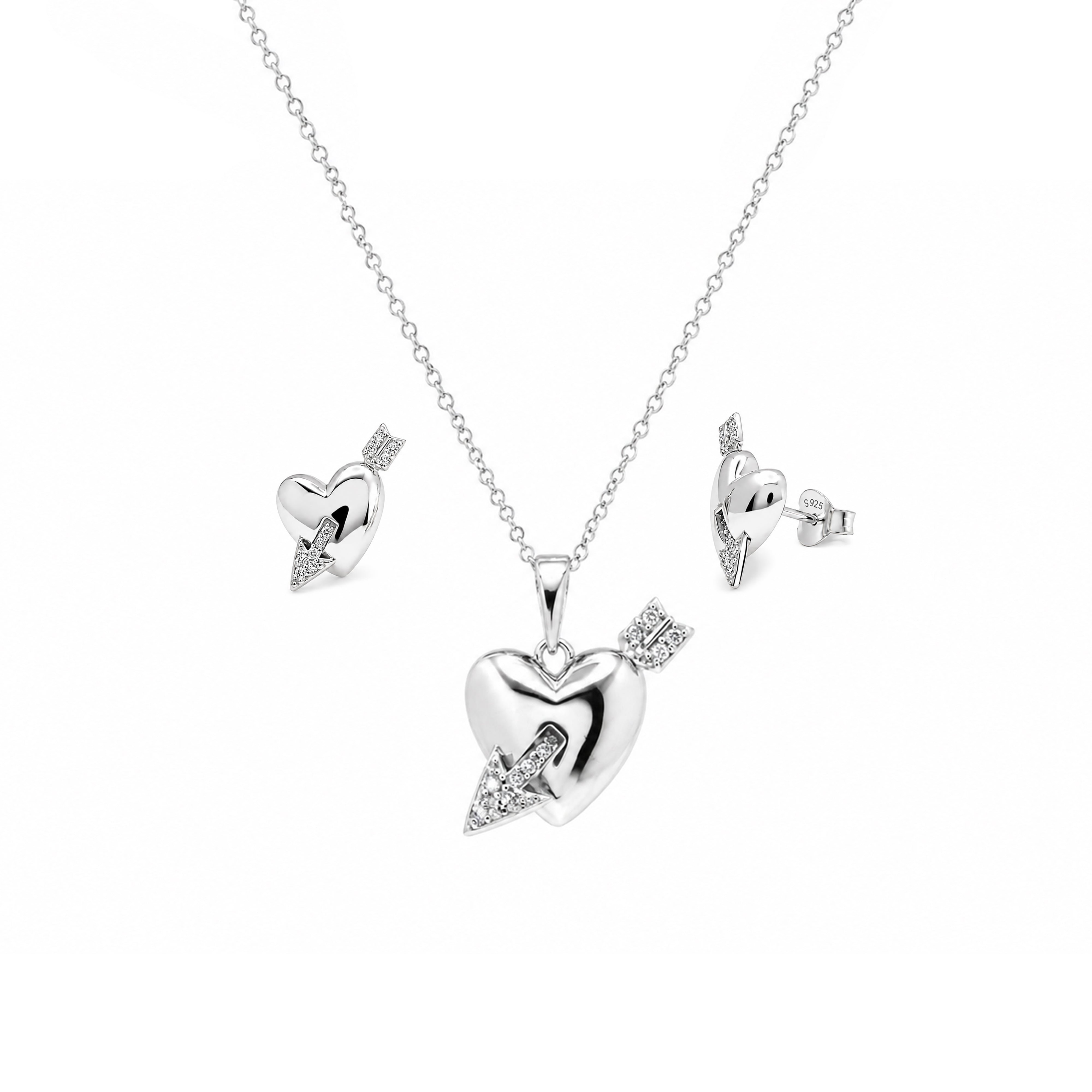 Rhodium Plated 925 Sterling Silver Arrow Through Heart CZ Adjustable Necklace and Stud Push Back Earring Matching Set - BGS00632