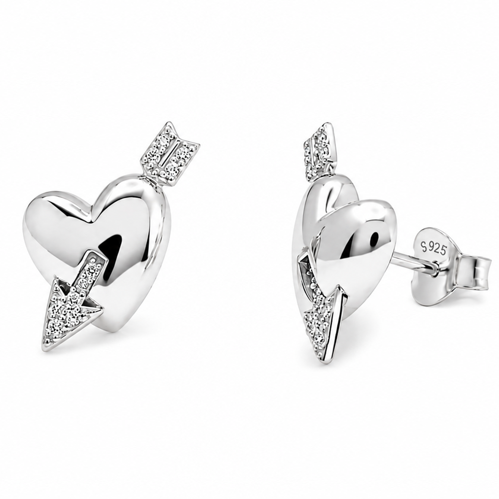 Rhodium Plated 925 Sterling Silver Arrow Through Heart CZ Adjustable Necklace and Stud Push Back Earring Matching Set - BGS00632