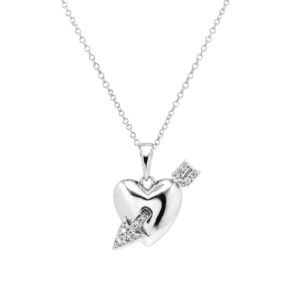Rhodium Plated 925 Sterling Silver Arrow Through Heart CZ Adjustable Necklace and Stud Push Back Earring Matching Set - BGS00632