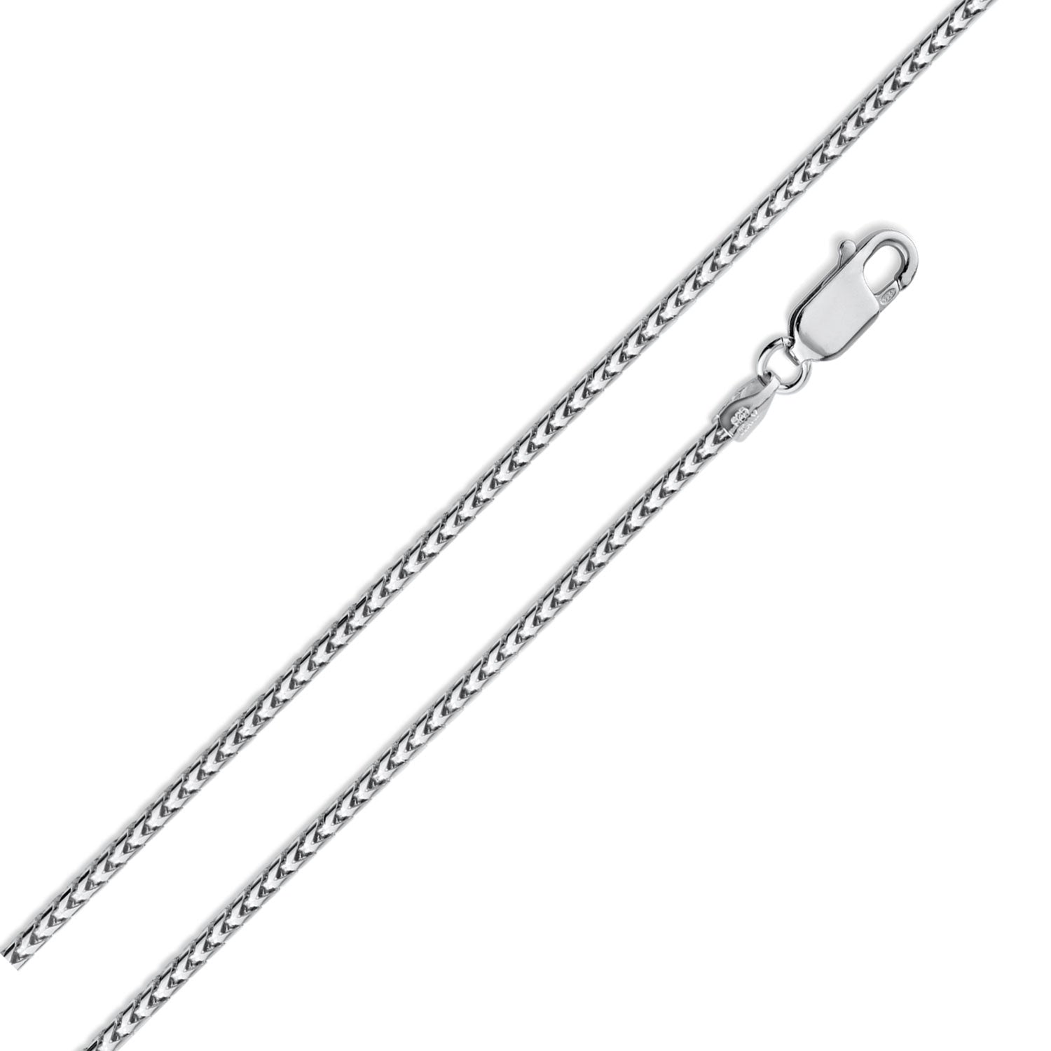 Rhodium plated 925 sterling silver Franco chain necklace with a lobster clasp, displayed against a white background. #plating_rhodium