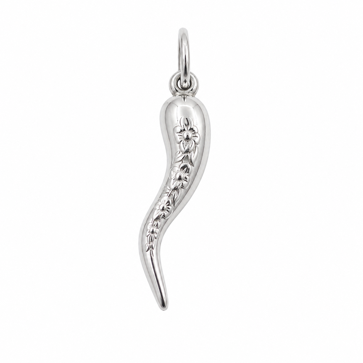 High Polish 925 Sterling Silver Flower Adorned Italian Horn Charm- CHARM00114