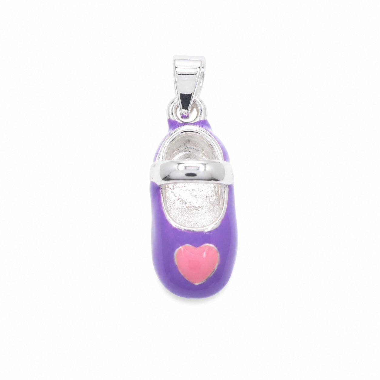 Rhodium Plated 925 Purple Enamel Heart Baby Shoe Charm- CHARM00156
