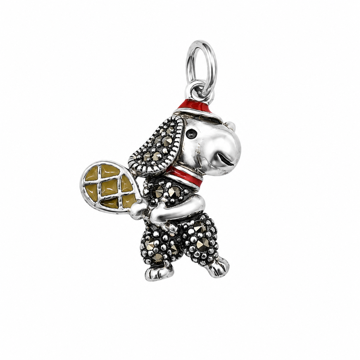 925 Silver Marcasite & Enamel Dog with Racket Charm Pendant- CHARM00166