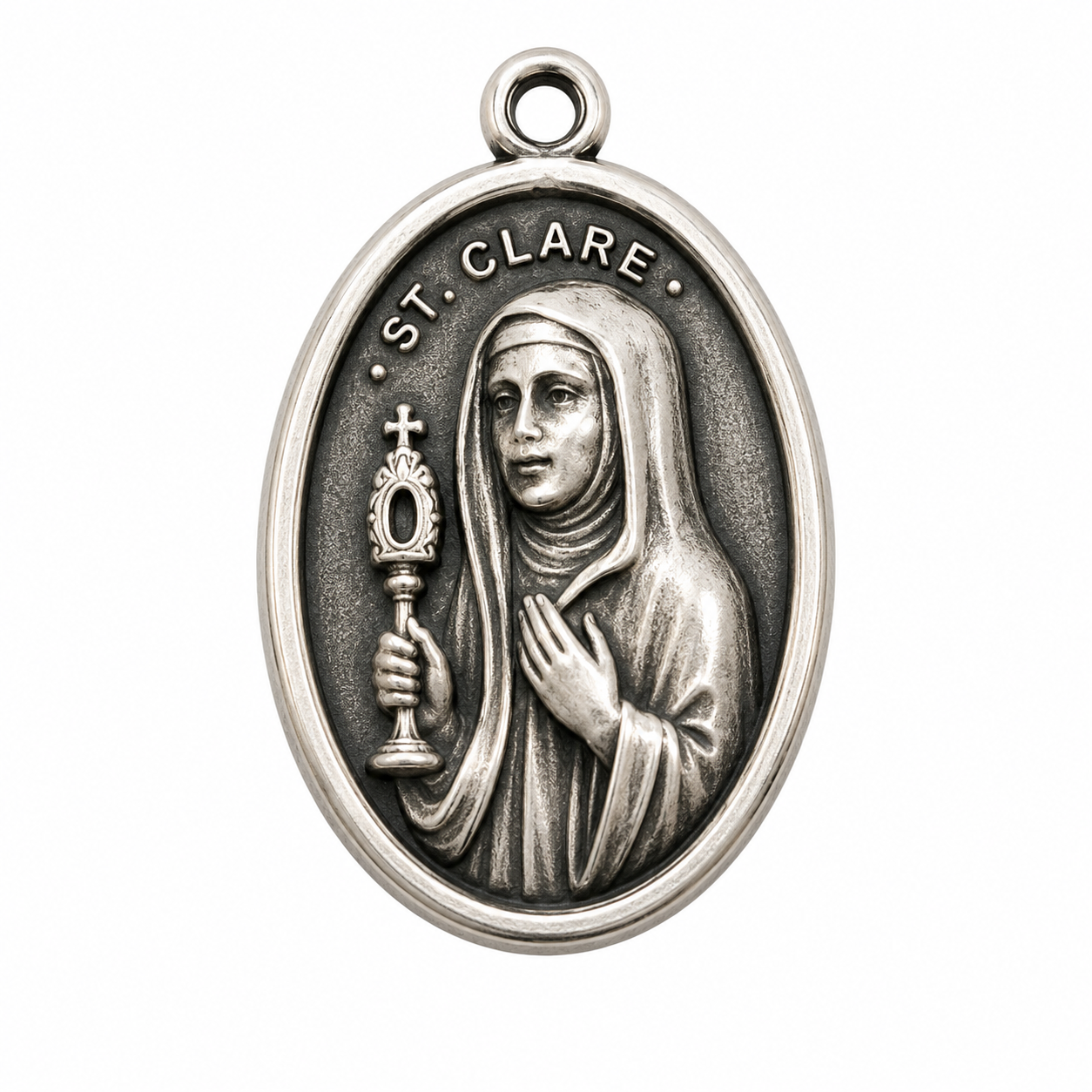 925 Silver Oxidized Oval Saint Clare / Pray For Us Charm- CHARM00177