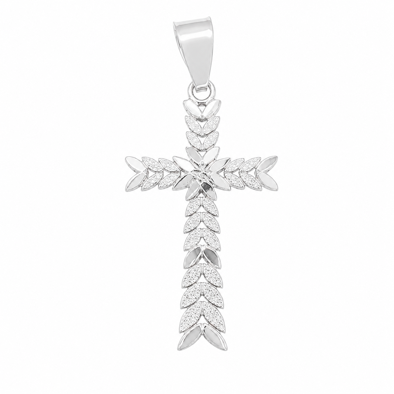 High Polish 925 Sterling Silver Diamond-Cut Leaf Design Cross Pendant- CHARM00188