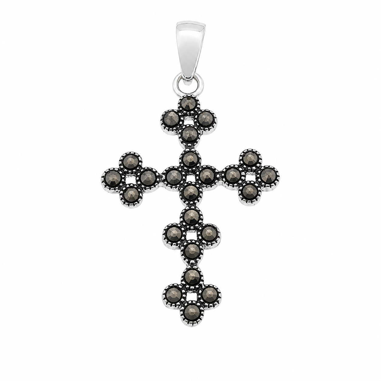 925 Sterling Silver Marcasite Floral Cross Pendant- CHARM00189