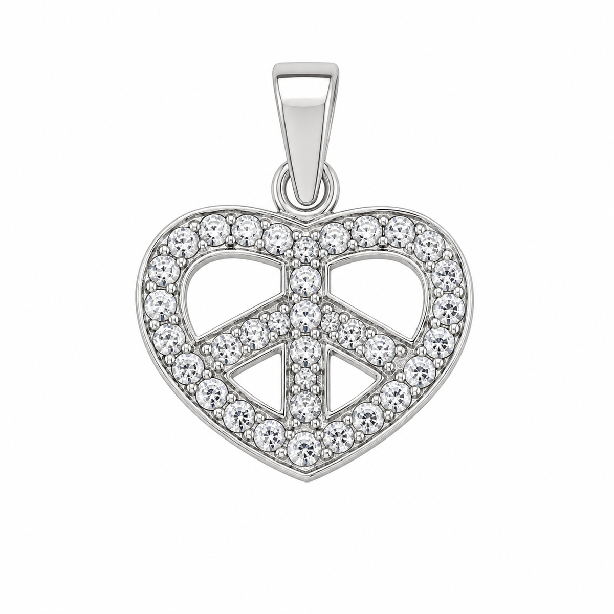 Rhodium Plated 925 Sterling Silver CZ Heart Peace Symbol Charm Pendant- CHARM00204