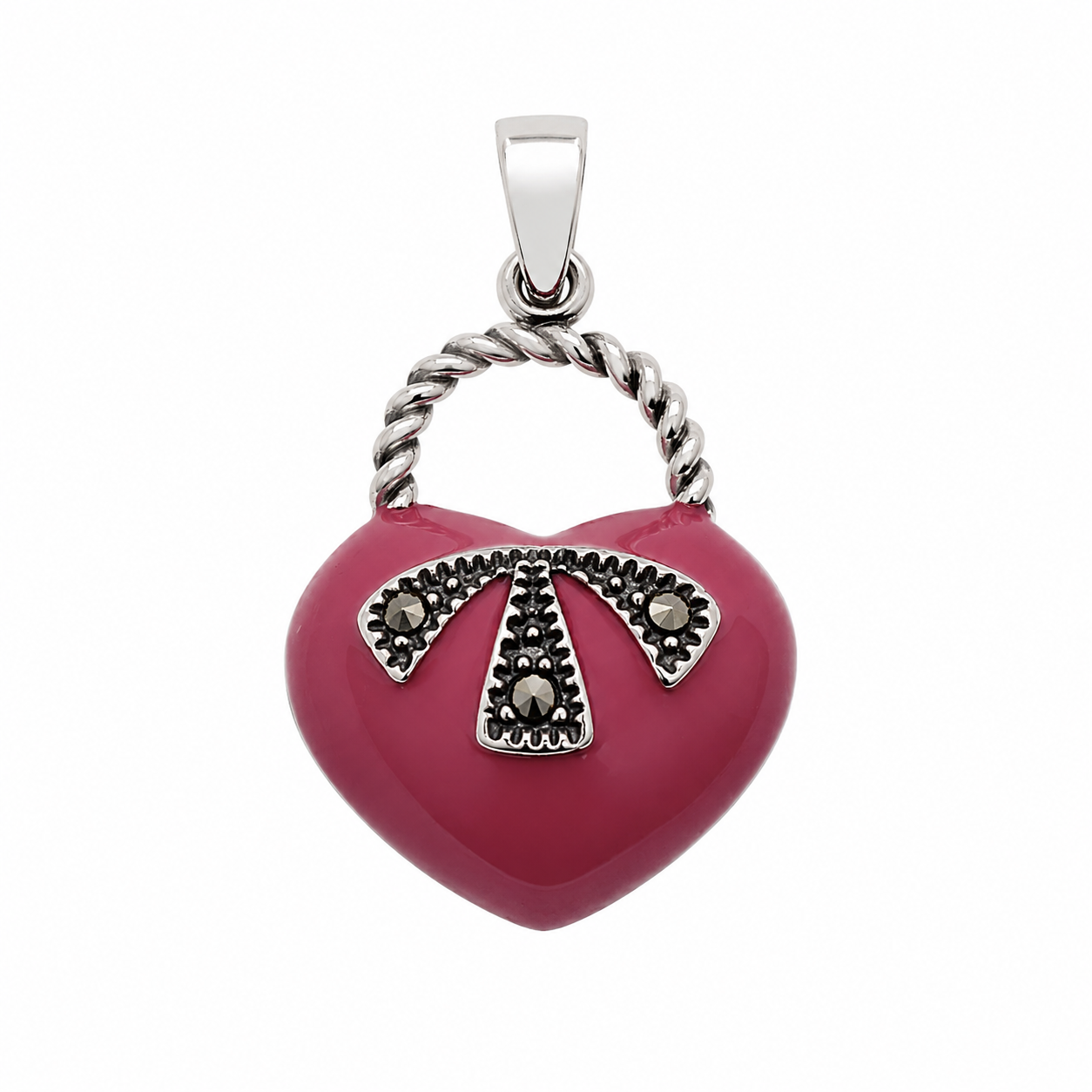 925 Sterling Silver Red Enamel & Marcasite Heart Purse Pendant- CHARM00212