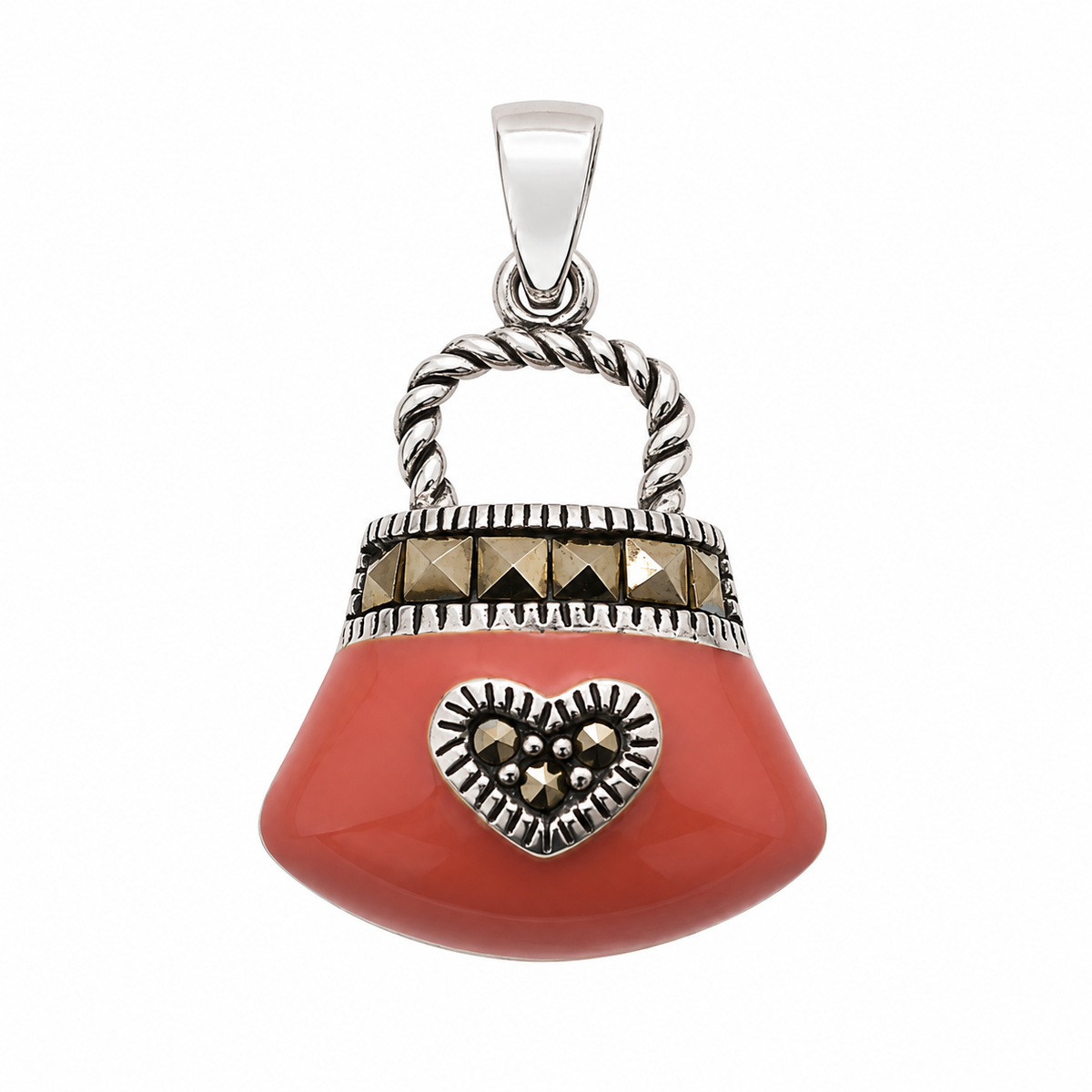925 Sterling Silver Orange Enamel & Marcasite Heart Detail Purse Pendant- CHARM00213