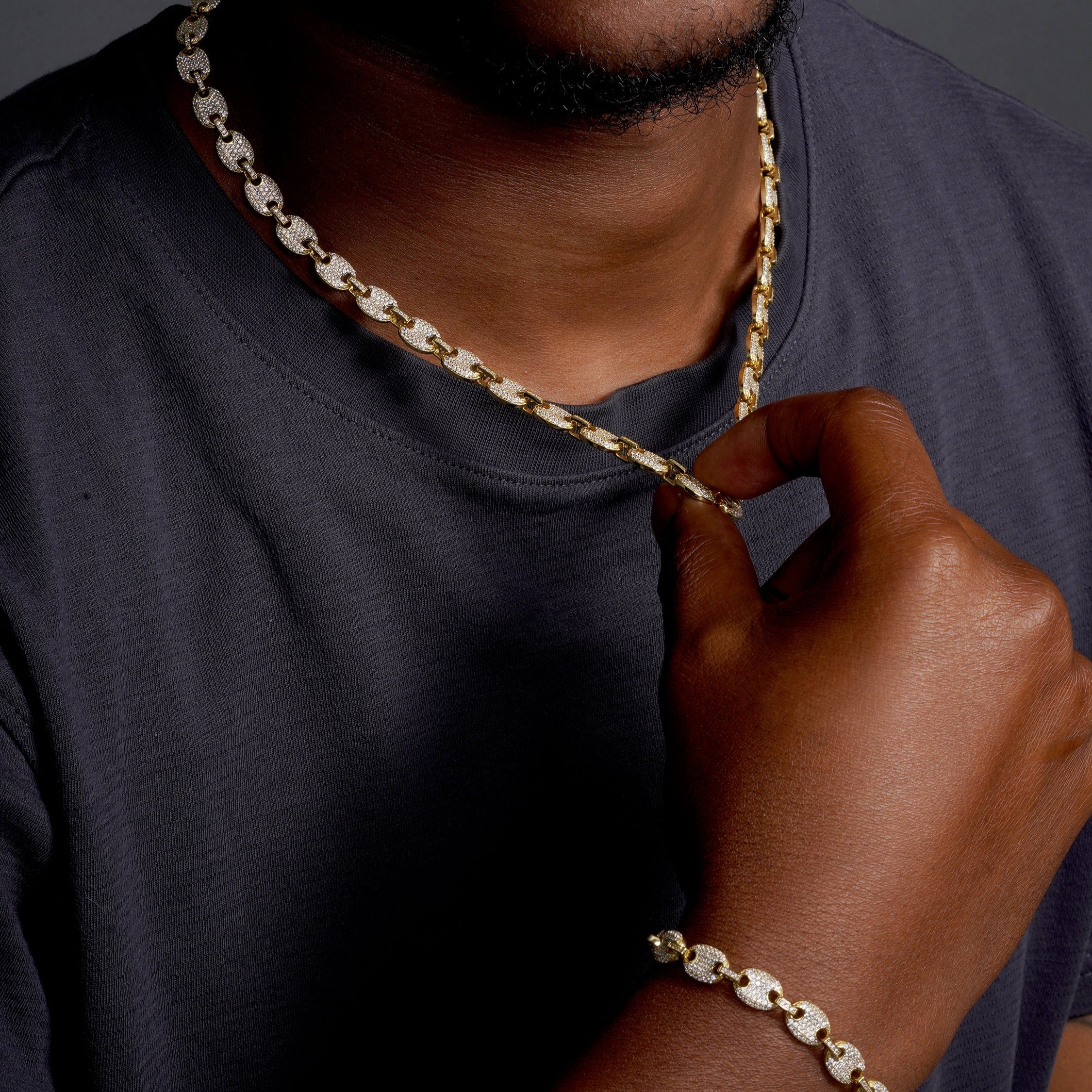 Gold Plated 925 Sterling Silver CZ Encrusted Oval Link Chain or Bracelet 8mm - CHCZ113 GP