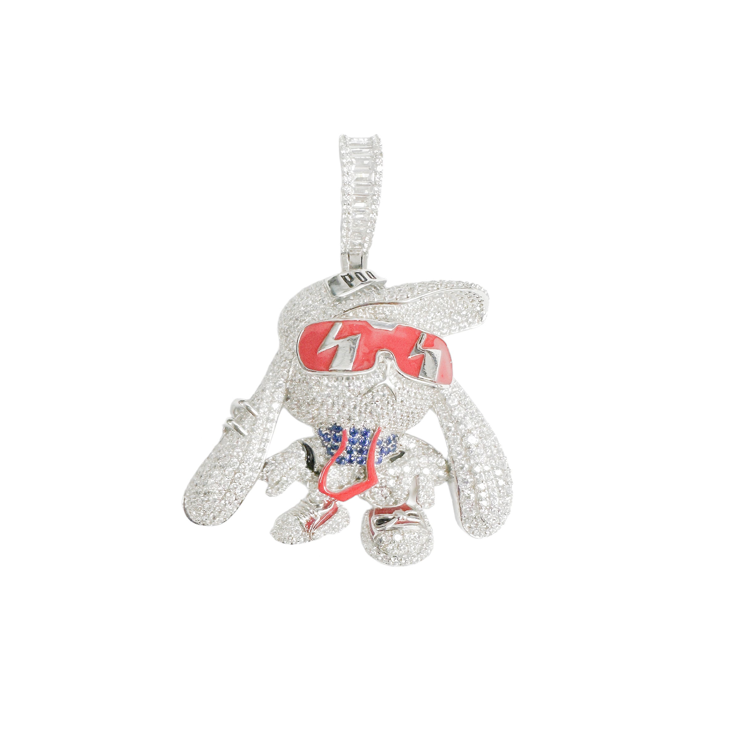 Colgante de conejo hip hop en plata de ley 925 rodiada con circonitas azules y transparentes, esmalte rojo - SLP00369