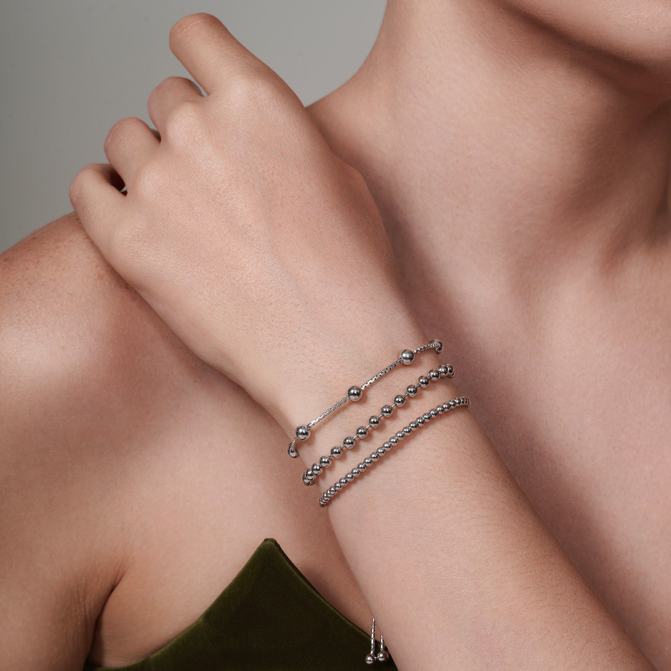 Rhodium Plated 925 Sterling Silver Beaded Lariat Bracelet - DIB00060RH