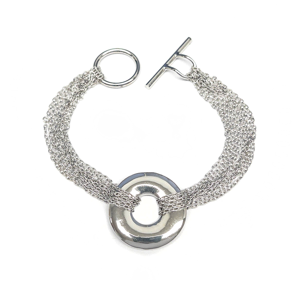 Rhodium Plated 925 Sterling Silver Multiple Chains Round Disc Bracelet - DSB00004L