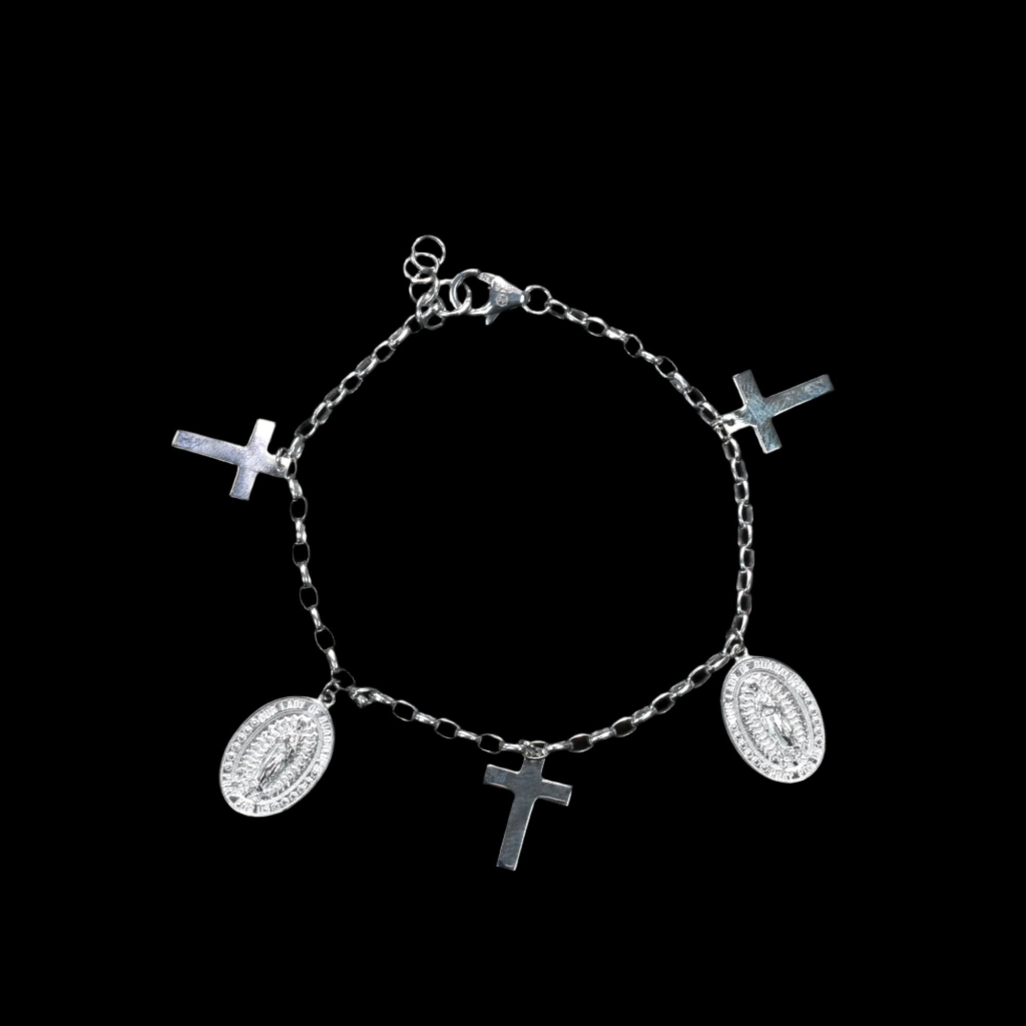 High Polished 925 Sterling Silver Guadalupe and Cross Adjustable Bracelet - DIB00081