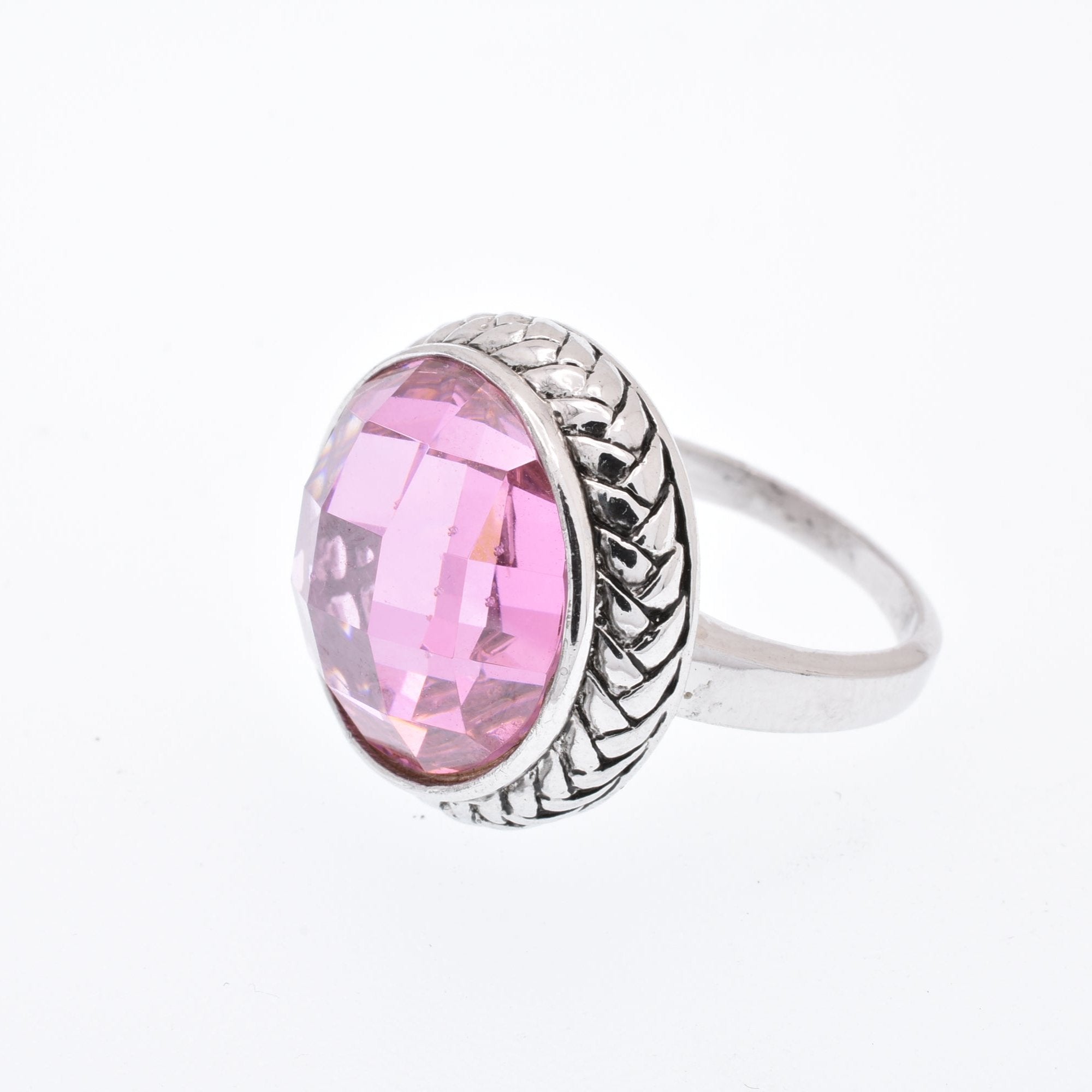 Clearance - Rhodium Plated 925 Sterling Silver Dome Style Light Amethyst Pink Ring - STR00246