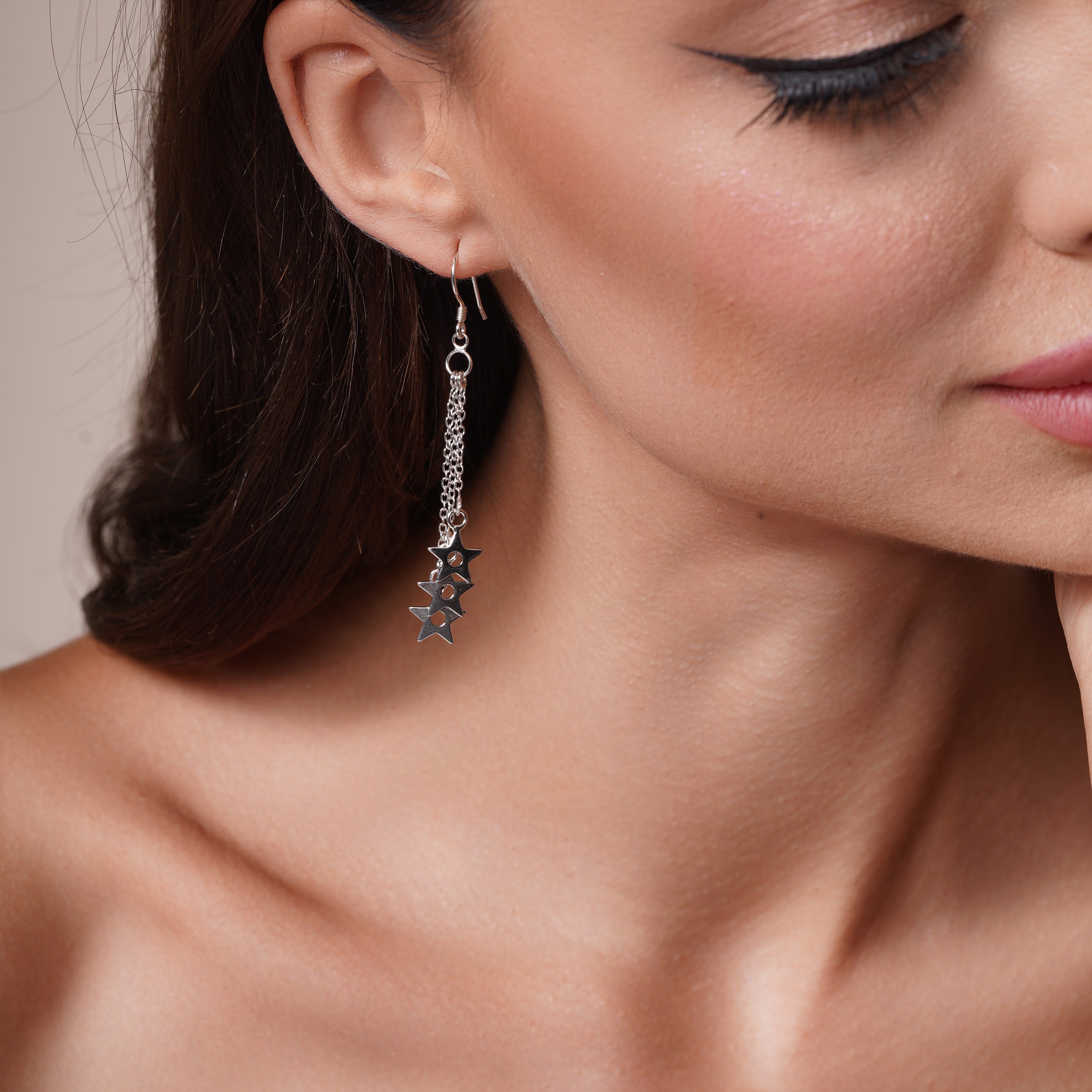 Silver 925 Rhodium Plated Three Wire Dangling Open Stars Hook Earrings - DSE00014