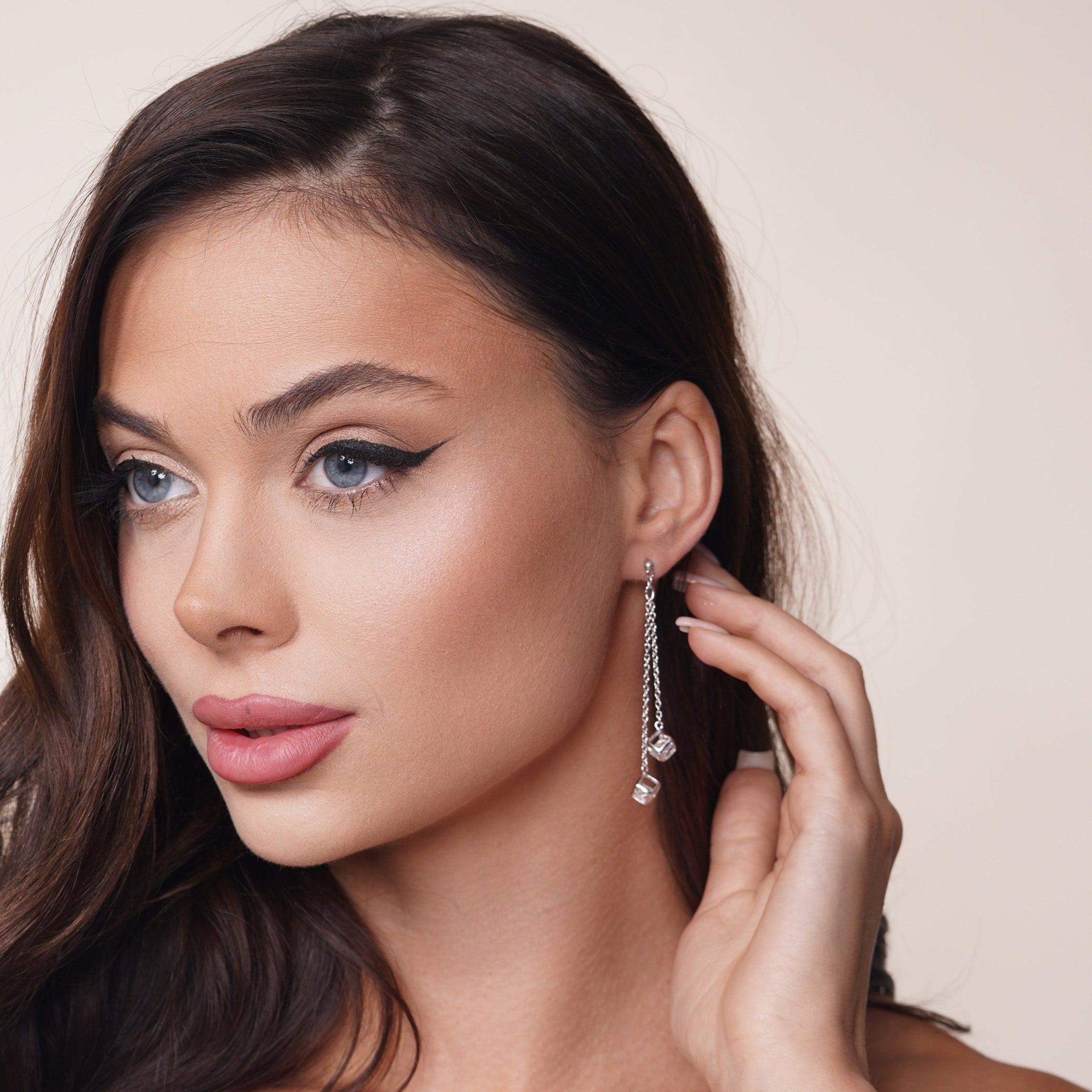 Silver 925 Rhodium Plated Two Wire Dangling Block CZ Hook Earrings - DSE00025