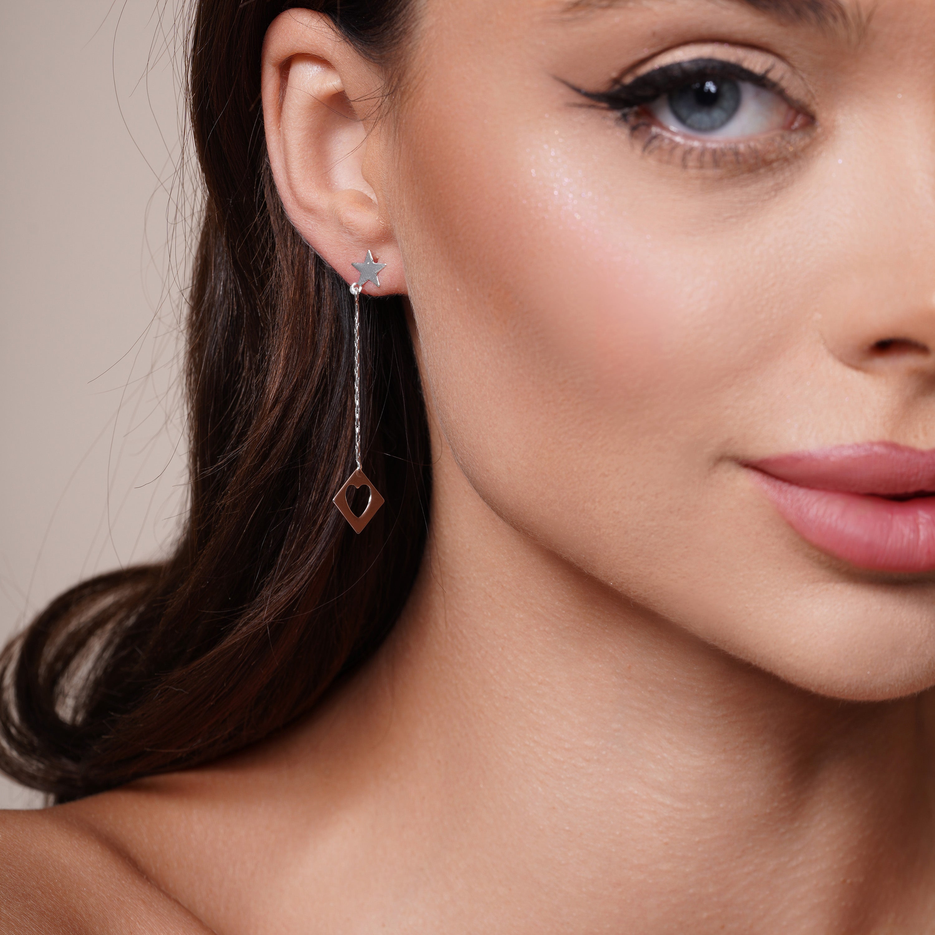 Silver 925 Rhodium Plated Wired Dangling Square Open Heart Stud Earrings - DSE00028