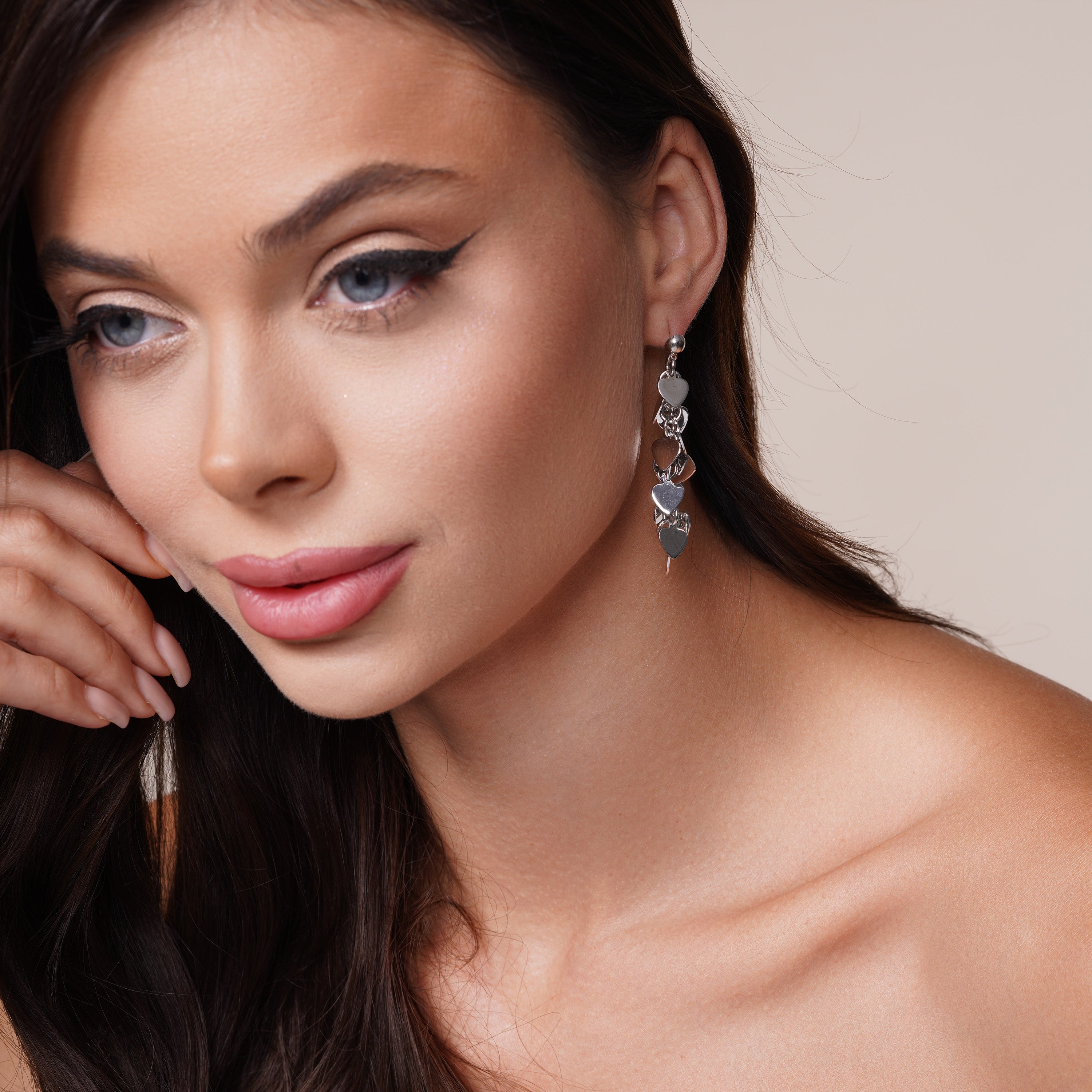 Silver 925 Rhodium Plated Multiple Dangling Solid Heart Stud Earrings - DSE00034