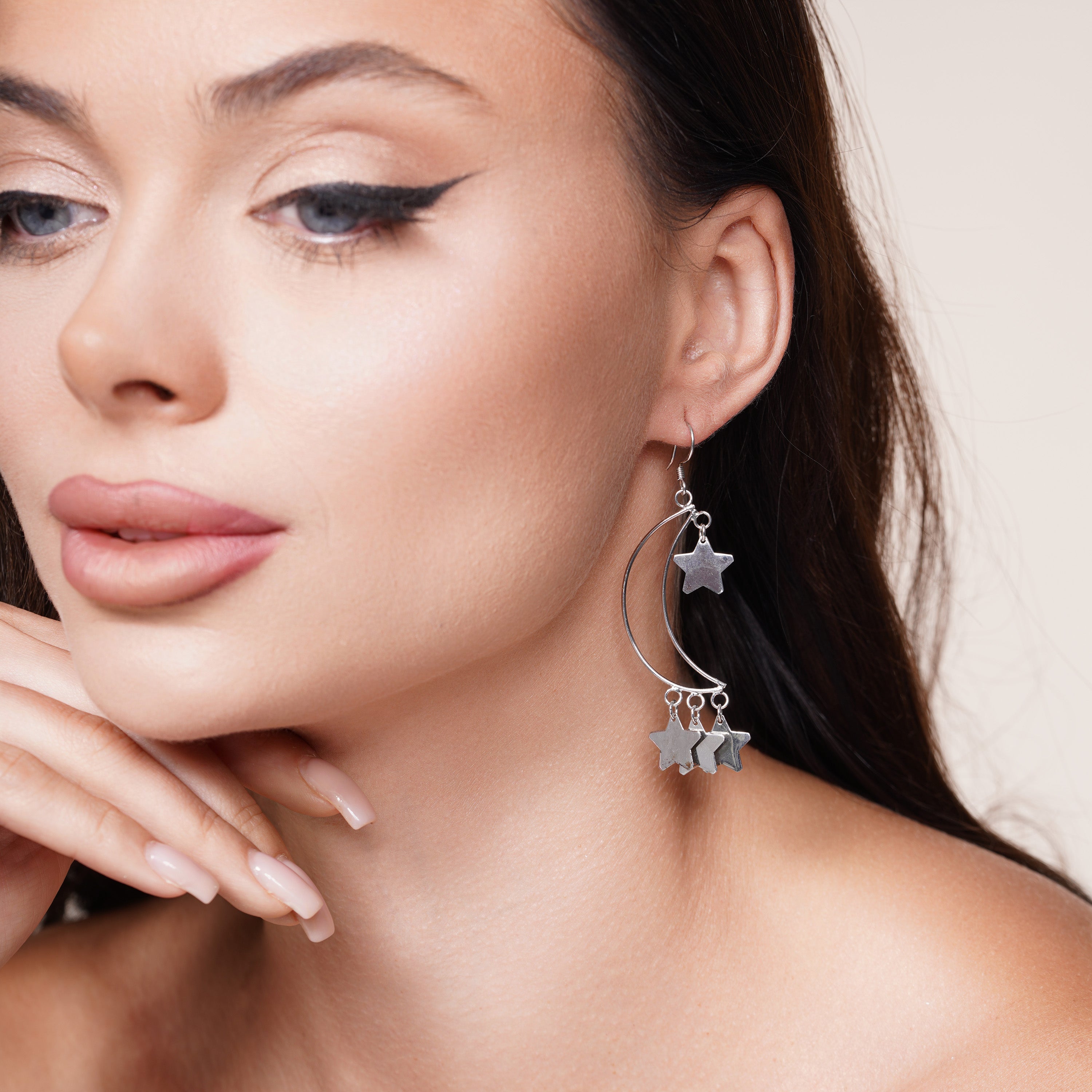 Silver 925 Rhodium Plated Open Crescent Moon Dangling Stars Hook Earrings - DSE00072