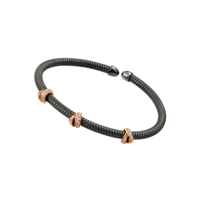 Silver 925 Black Rhodium and Rose Gold Plated Three Clear CZ Bracelet - ECB00024BR