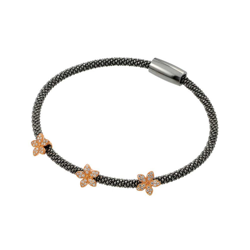 Silver 925 Black Rhodium and Rose Gold Plated Three Flower Clear CZ Inlay Bracelet - ECB00026BR