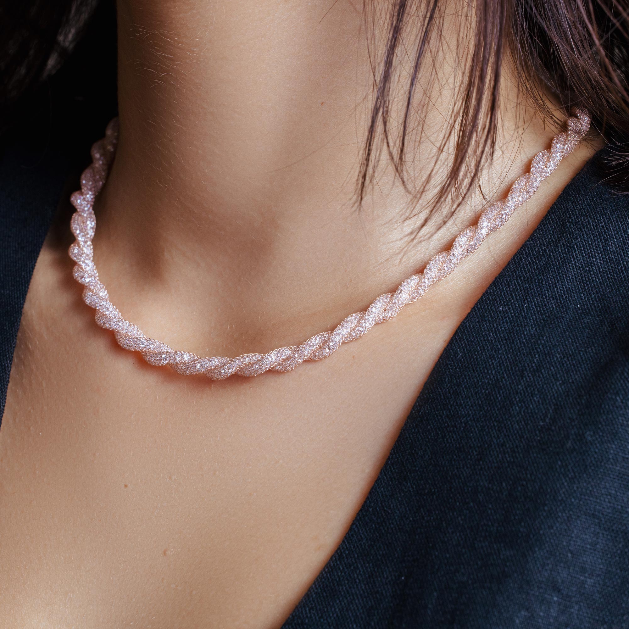 Collar de malla de cuerda con baño de rosa en plata de ley 925 y cristales de Swarovski - ECN00013R