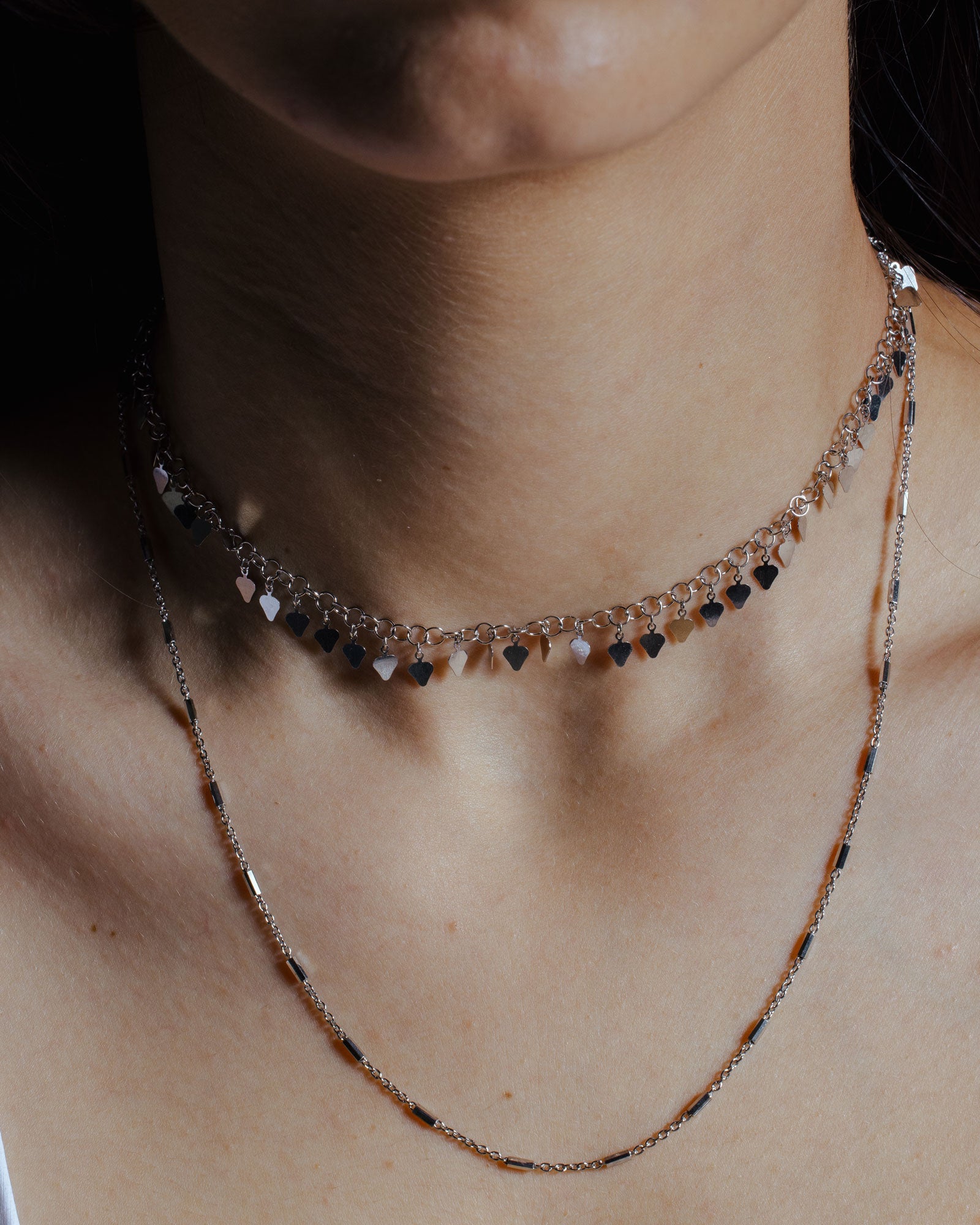 Collar de confeti de doble cadena en plata de ley 925 rodiada - ECN00047RH