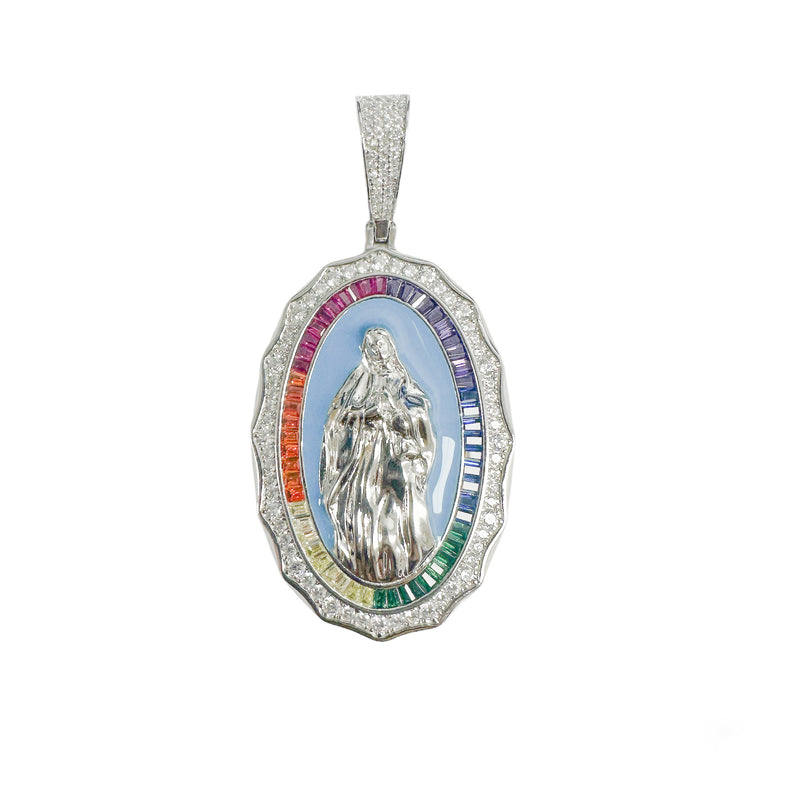 Rhodium Plated 925 Sterling Silver Virgin Mary Multicolor Baguette Stone and Clear CZ Pendant - SLP00380