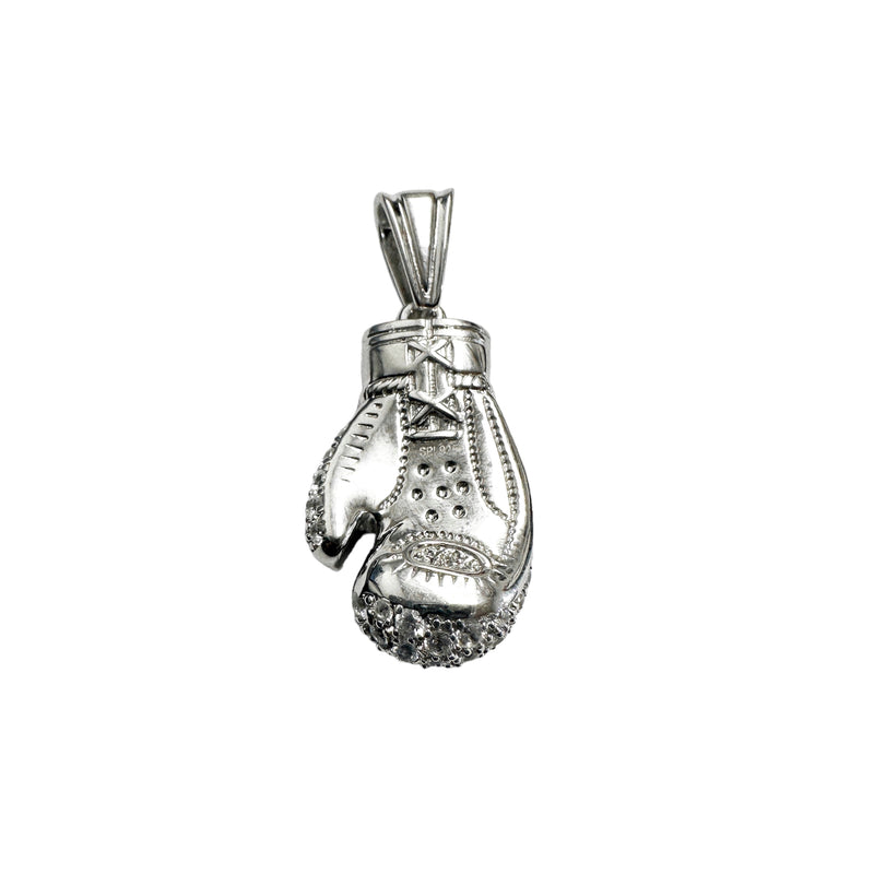 Rhodium Plated 925 Sterling Silver 3D Boxing Gloves Clear CZ Pendant - SLP00351