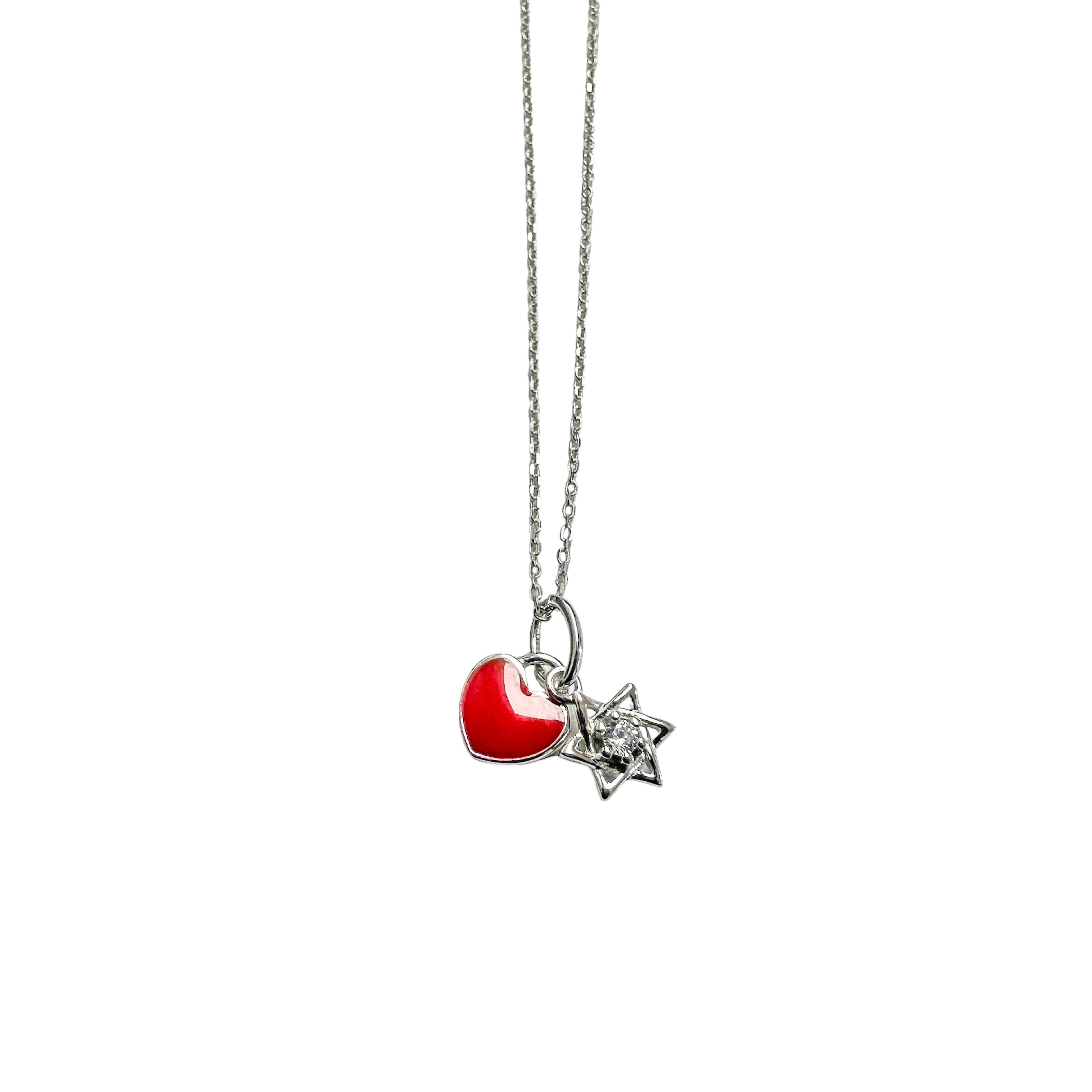 Collar con colgante de estrella de David en plata de ley 925 rodiada con corazón de esmalte rojo y circonita cúbica transparente - STP01855