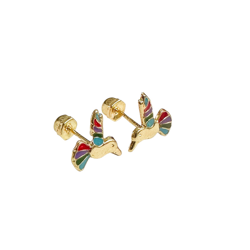 14E00412. - 14 Karat Yellow Gold Hummingbird Multi Color Screw Back Earrings