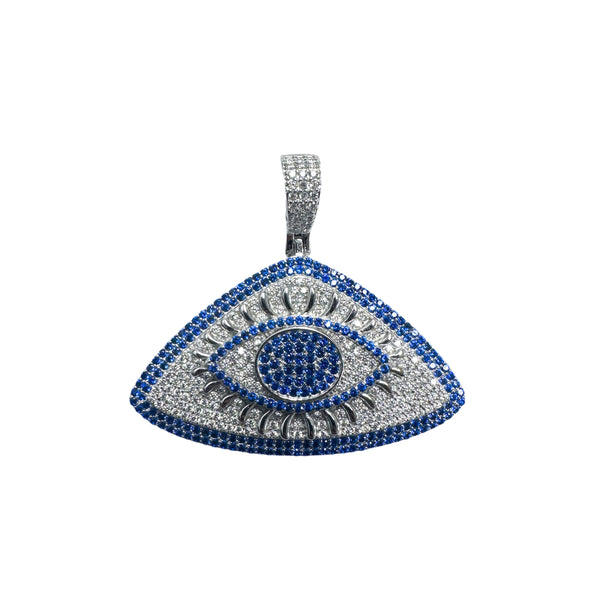 Rhodium Plated 925 Sterling Silver CZ Encrusted Eye Clear and Blue CZ Pendant - SLP00339-BLUE